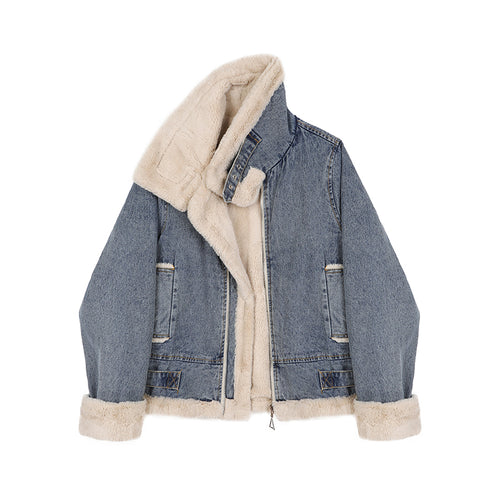 Rabbit fleece short jacket women 2020 winter new fashion Hong Kong wind plush warm denim loose small trendy