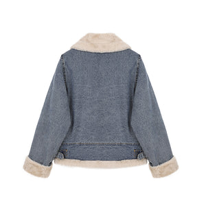 Rabbit fleece short jacket women 2020 winter new fashion Hong Kong wind plush warm denim loose small trendy