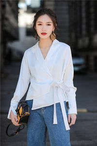 MSHI/Autumn new style retro shirt satin lace-up long-sleeved V-neck white shirt all-match simple tops female tide