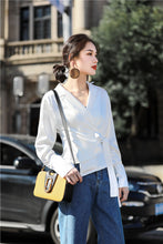 Load image into Gallery viewer, MSHI/Autumn new style retro shirt satin lace-up long-sleeved V-neck white shirt all-match simple tops female tide