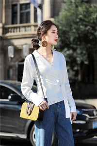 MSHI/Autumn new style retro shirt satin lace-up long-sleeved V-neck white shirt all-match simple tops female tide